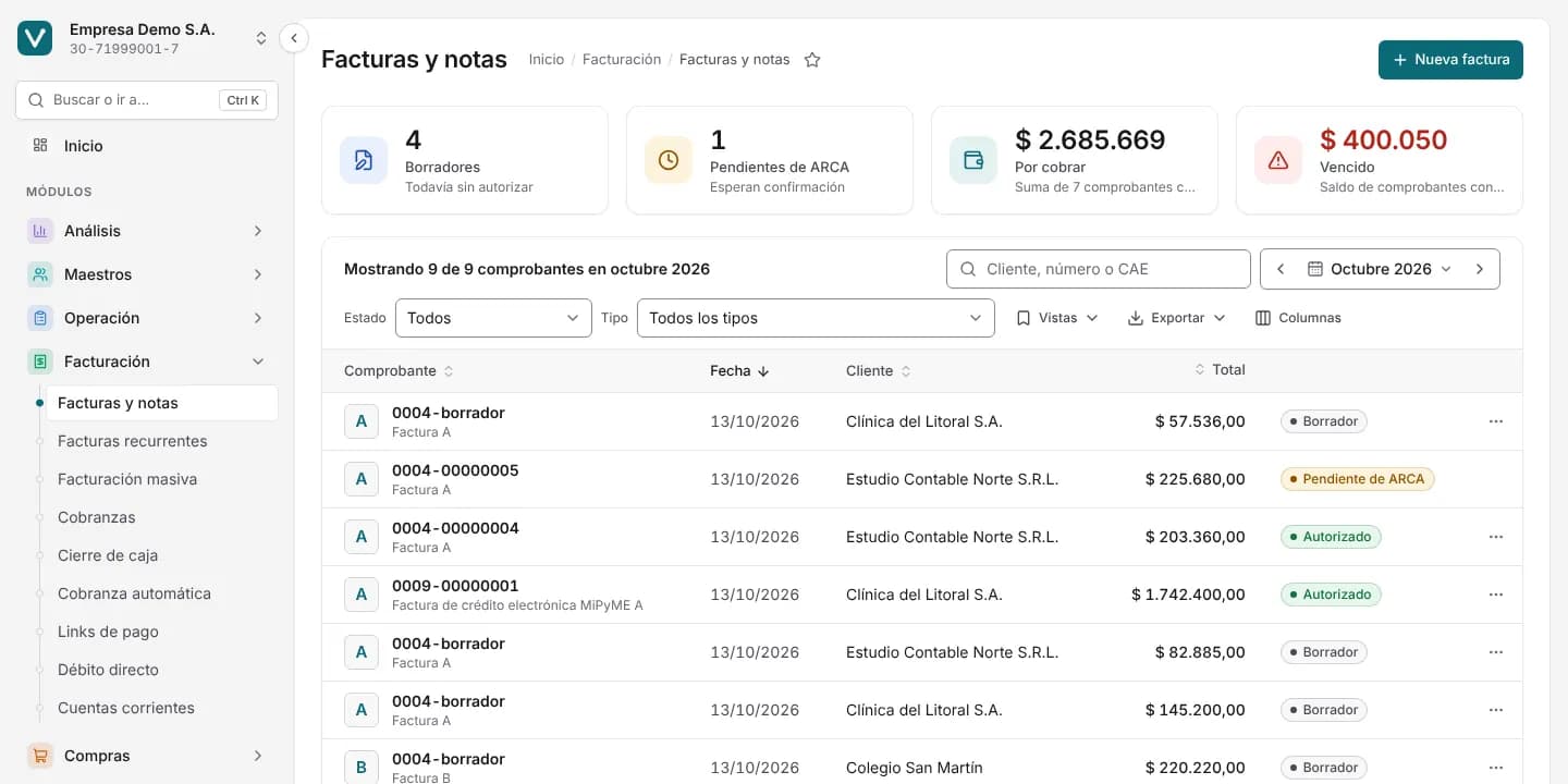 Lista de facturas y notas de Vektra ERP con número, fecha, cliente, total y estado de autorización en ARCA