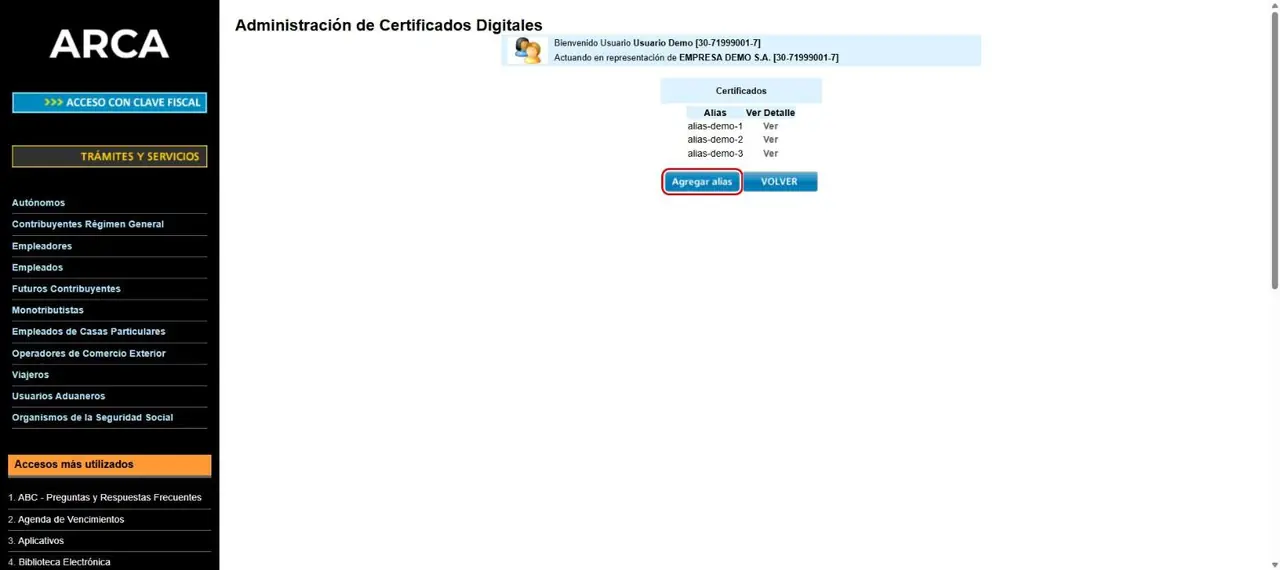 Administración de Certificados Digitales con la lista de alias y el botón «Agregar alias» resaltado en rojo.