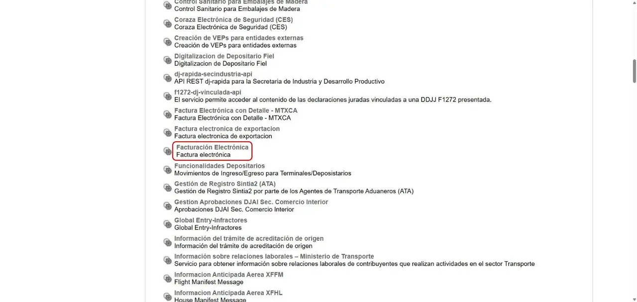 Buscador de servicios de «Nueva relación», en ARCA → WebServices, con «Facturación Electrónica» resaltado en rojo.