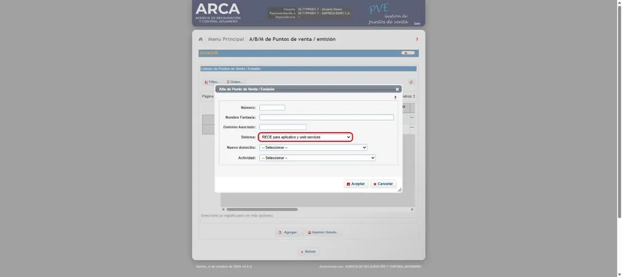 Formulario «Alta de Punto de Venta / Emisión» con el desplegable «Sistema» resaltado y la opción «RECE para aplicativo y web services».