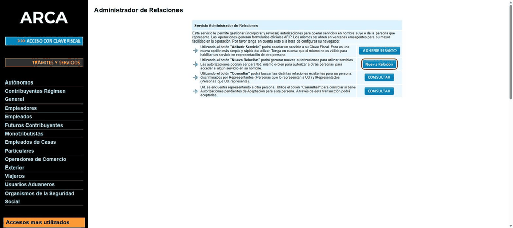 Animación: «Nueva relación» → «Buscar» el servicio → ARCA → WebServices → «Facturación Electrónica», hasta el formulario con el servicio cargado, sin confirmar.
