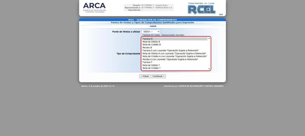 Comprobantes en línea, generación de comprobantes: el desplegable «Tipo de Comprobante» resaltado, con Factura A con leyenda «Operación Sujeta a Retención» entre las opciones.